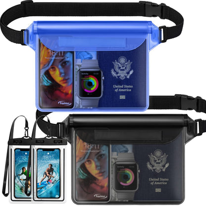 Waterproof Dry Bag and Waterproof Cell Phone Bag for Outdoor Water Sports Paddle Waterproof Pouch Bag Case (2 * Phone Case(Clear) + 2 * Fanny Pack(Black))