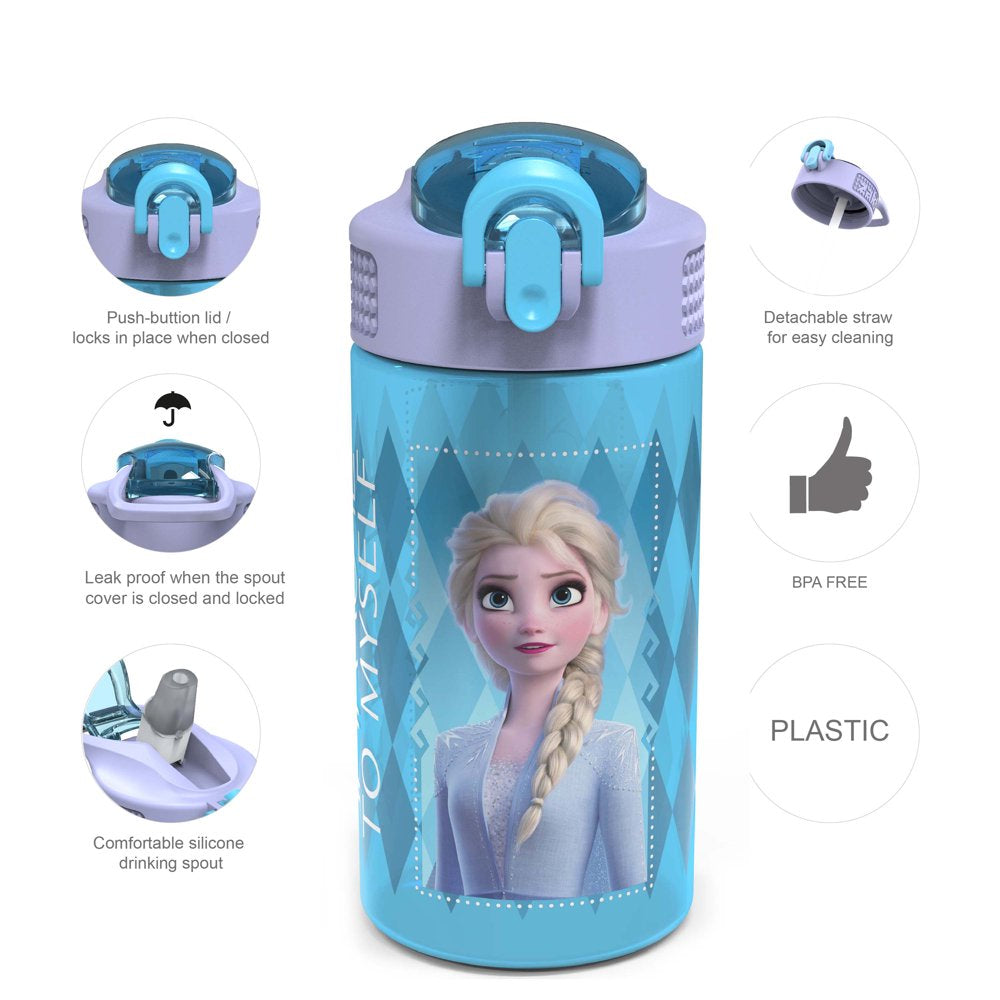 Zak Designs 2pc 16 oz Disney Kids Water Bottle Plastic with Push-Button Spout and Locking Cover, Frozen Anna Elsa