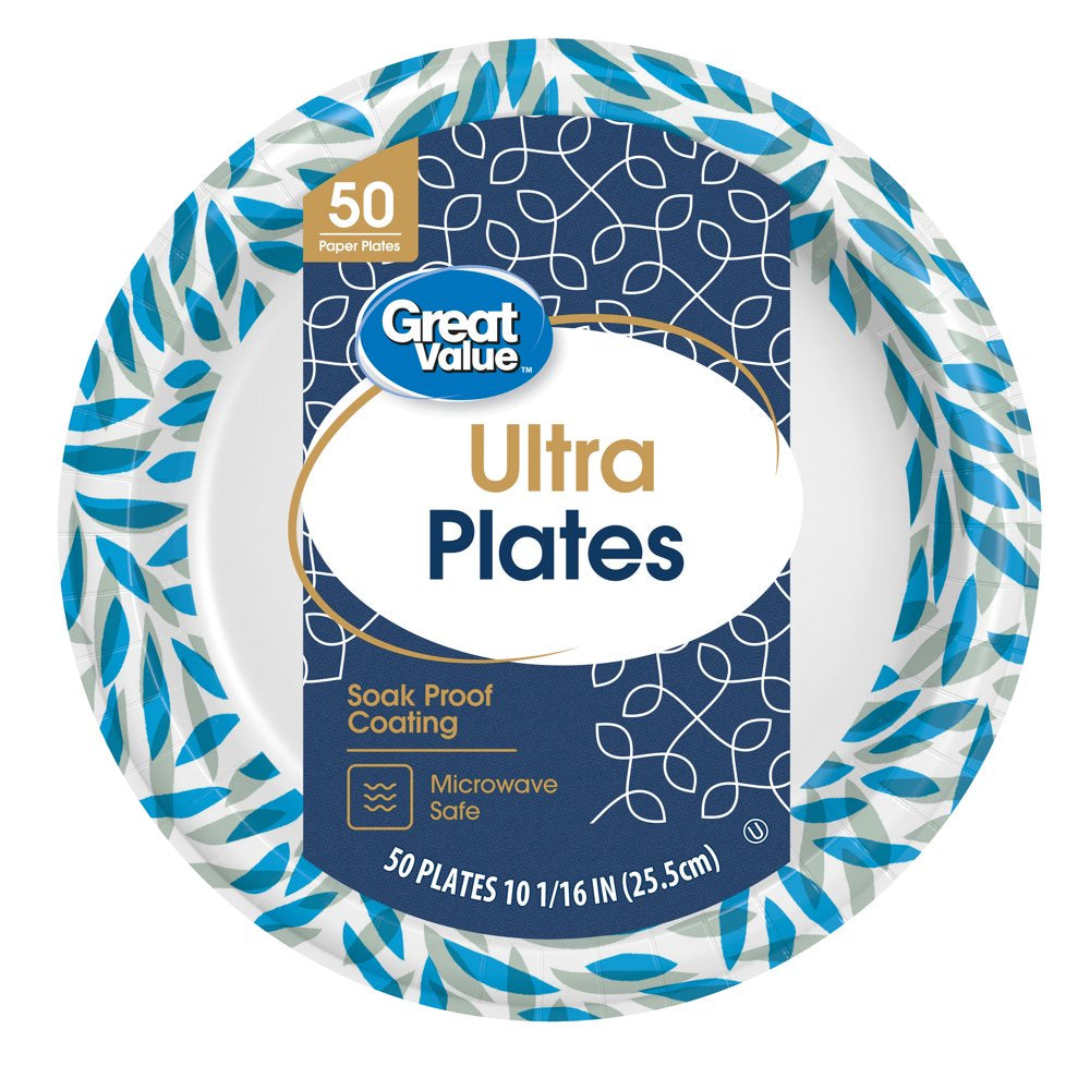 Great Value Ultra Disposable Paper Dinner Plates, White, 10 inch, 50 Plates, Patterned