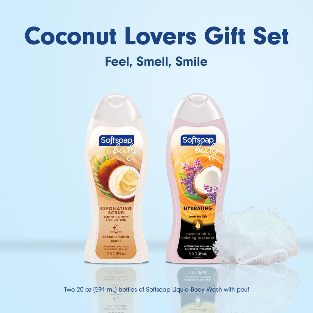 Softsoap Body Wash Coconut Lovers Gift Set, 2- 20 oz Bottles + Pouf