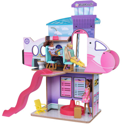 KidKraft Luxe Life 2-in-1 Wooden Airport and Jet Plane Doll Play Set with Over 15 Accessories