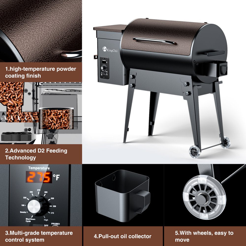 KingChii Wood Pellet Grill & Smoker 456sq.in., 8-in-1 Multifunctional BBQ Grill with Automatic temperature control for Outdoor Cooking, Foldable Legs