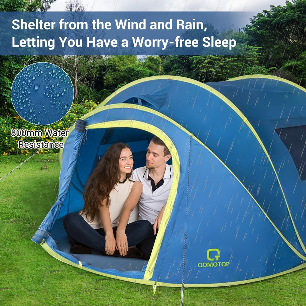 QOMOTOP Instant Tent 4-Person Camp Tent, Automatic Setup Pop Up Tent, Waterproof, Huge Side Screen Windows, Blue