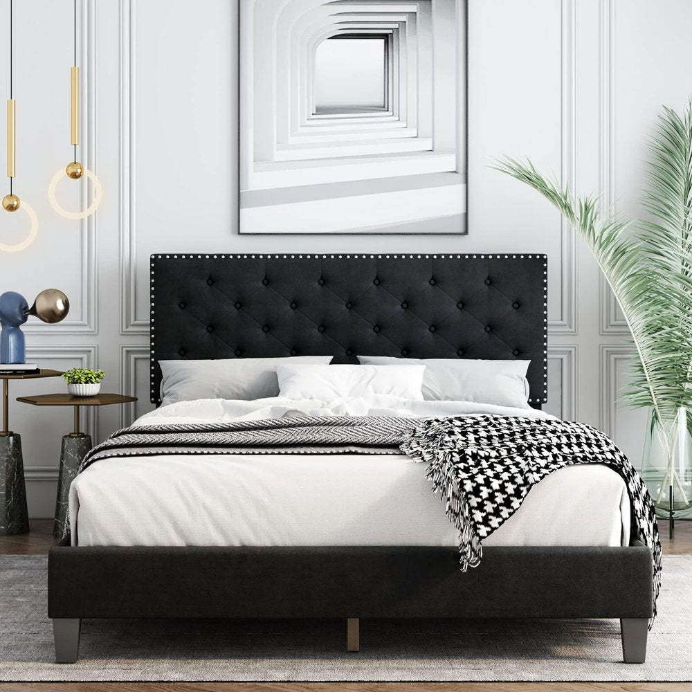 Homfa Full Size Bed, Modern Upholstered Platform Bed Frame with Adjustable Headboard for Bedroom, Black