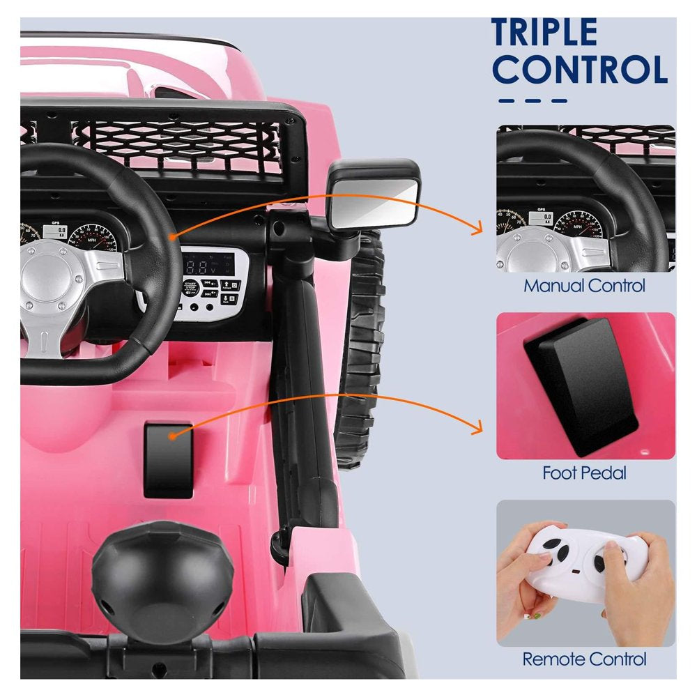 Funcid 12V Kids Powered Ride on Truck Car with Parent Remote Control, Bluetooth Music, Spring Suspension, LED Lights - Pink