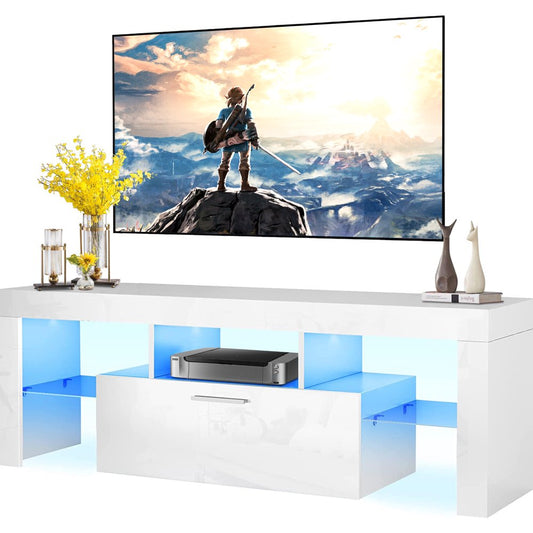 Uhomepro TV Stand for Tvs up to 70", Living Room Entertainment Center with RGB LED Lights and Storage Shelves Furniture, White High Gloss TV Cabinet Console Table