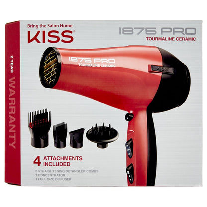 KISS Red Tourmaline Ceramic Hair Dryer with 4 Additional Styling Attachments, 1875 Watts, Red