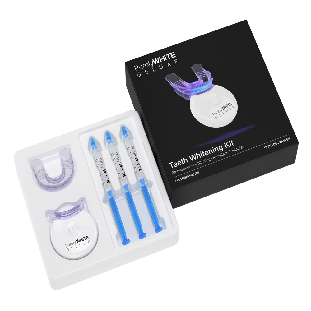 PurelyWHITE DELUXE Teeth Whitening Kit, Complete LED Teeth Whitening, 15+ Treatments, Whiter Smile In 7 Minutes