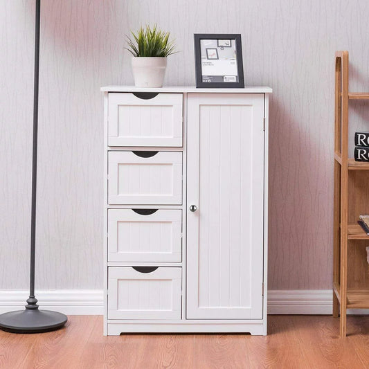 Wooden Bathroom Floor Cabinet,Side Storage Organizer Cabinet with 4 Drawers,1 Cupboard & 2-Shelves,Mdf,White