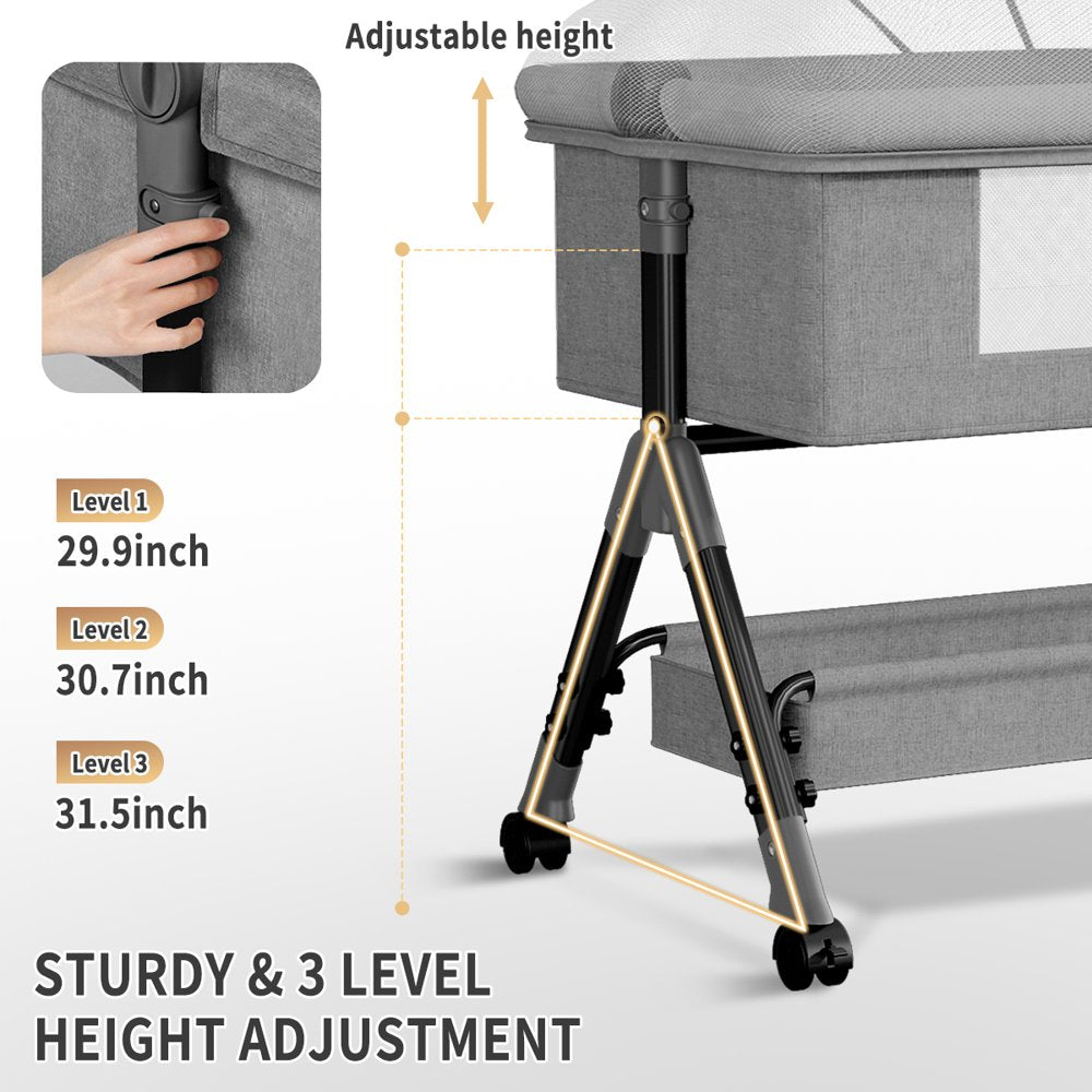 Baby Bassinet for Infant,Adjustable Bedside Sleeper Bassinet with Storage Basket,Bed Side Crib for 0-2 Months, Gray