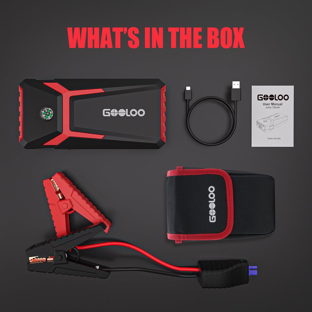 Jump Starter,1500A Peak 12V GE1500 Portable Jump Box with Quick Charge Out(Up to 6.0L Gas and 4.0L Diesel Engines),Supersafe Jump Starter Auto Battery Booster Pack