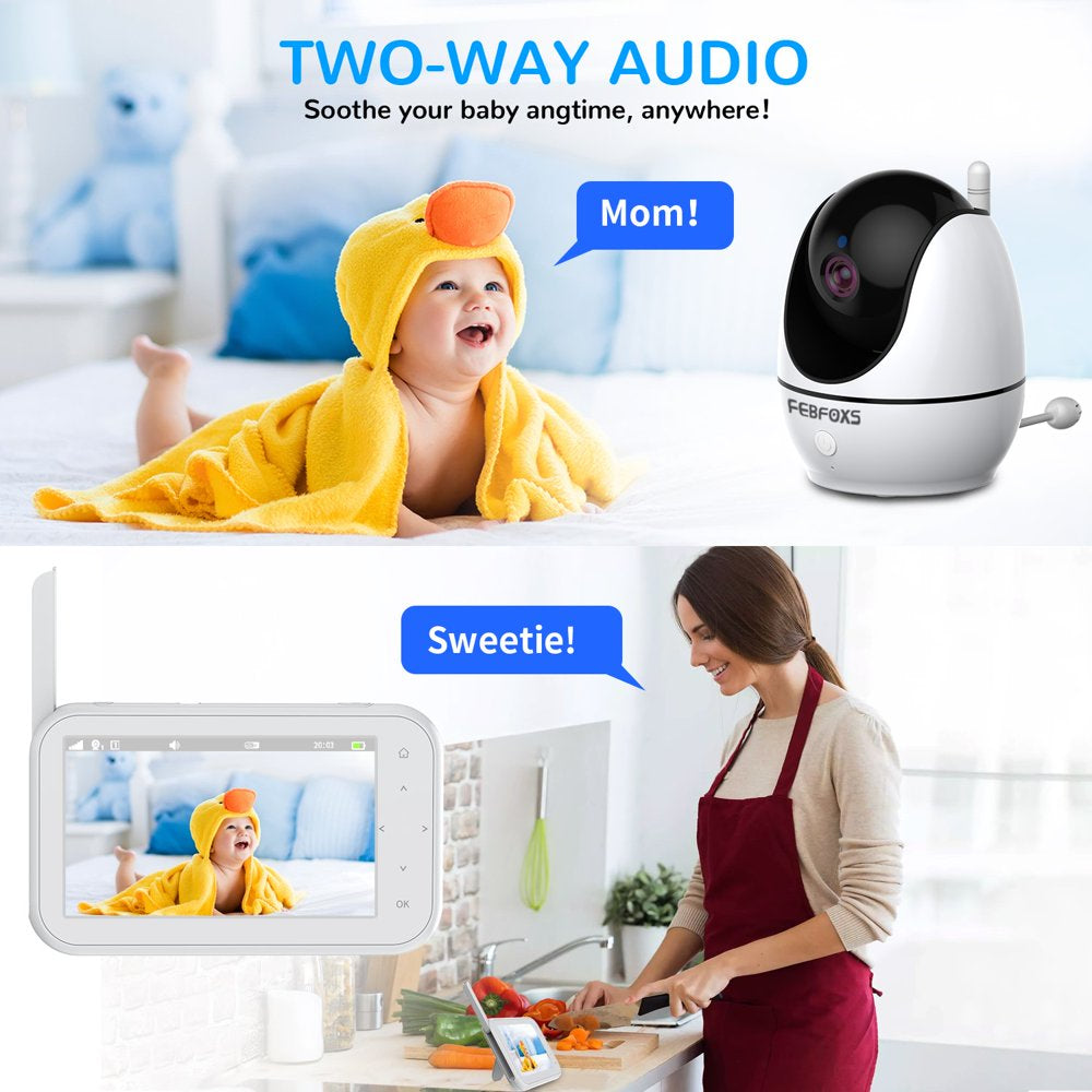 FEBFOXS 1080P Baby Monitor with Camera and Audio, 4.3" LCD Display Video Baby Monitor with Pan & Tilt & Zoom, Two-Way Talk, Auto Night Vision, VOX Mode, Temperature Sensor, No Wifi