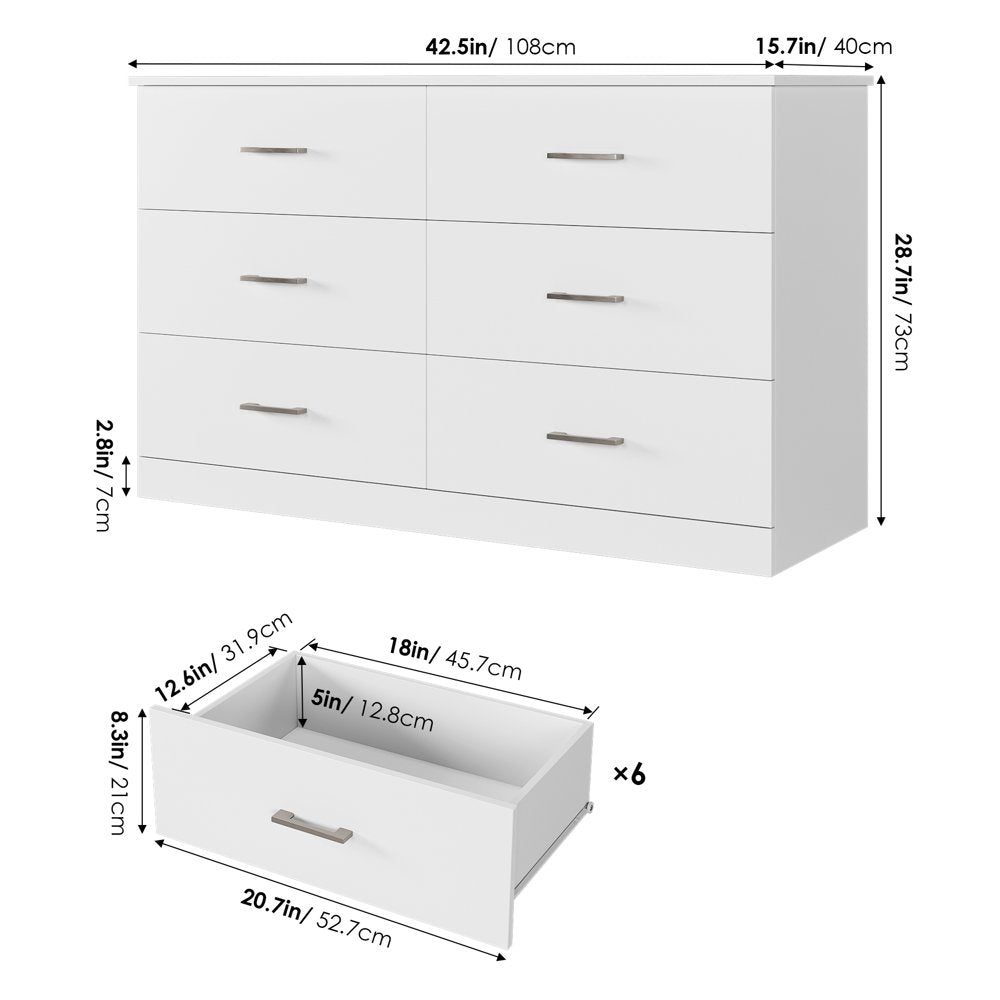 Homfa 6 Drawer White Double Dresser, Wood Storage Cabinet with Easy Pull Out Handles for Living Room, Chest of Drawers for Bedroom