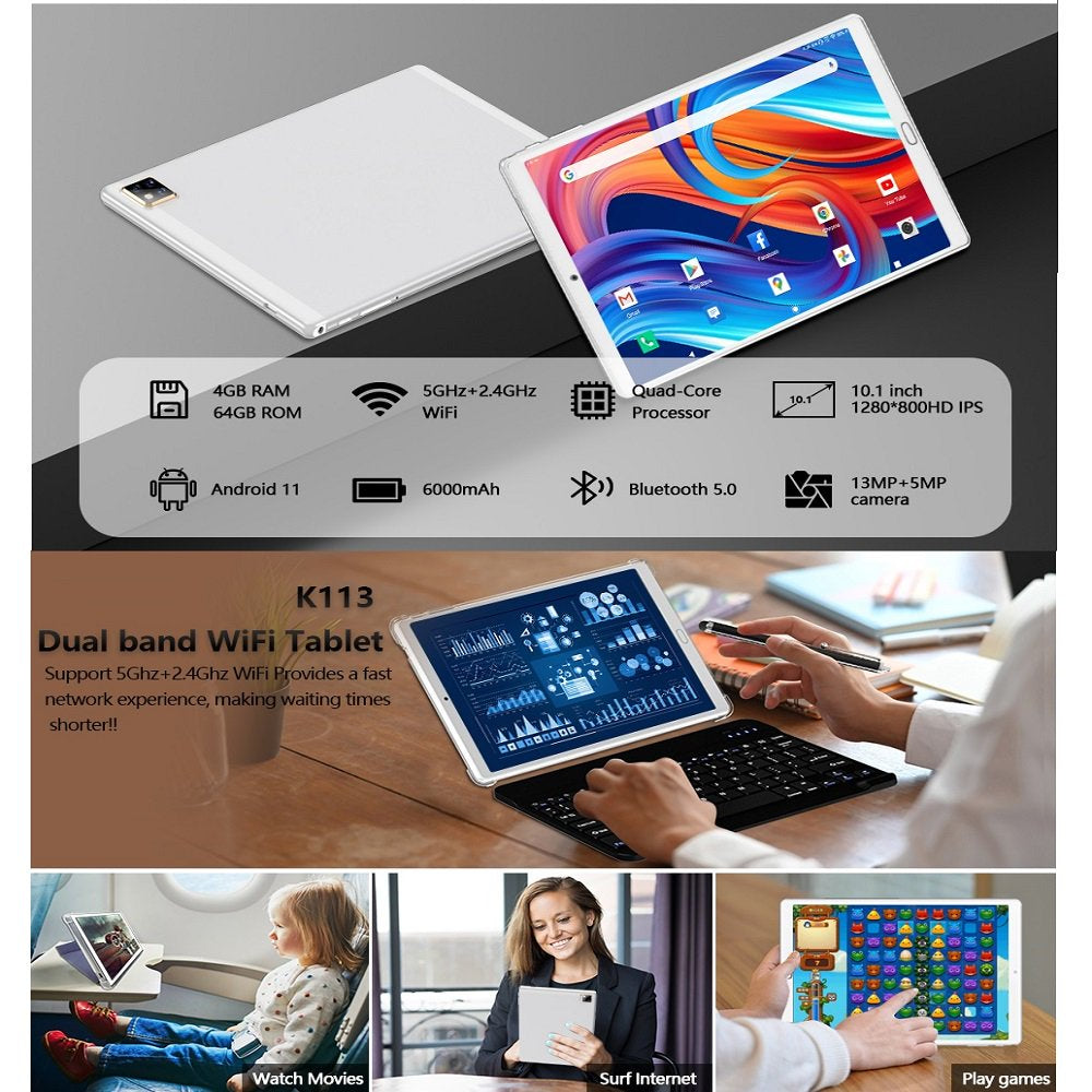 Tablet 10 Inch Android Tablet Android 11.0 Tablet with Keyboard Wireless Mouse Case Stylus,5G Wifi Tablet,4Gb RAM 64GB ROM Storage,128Gb Expandable,Quad Core Processor,White Tablet,Back-To-School Gift