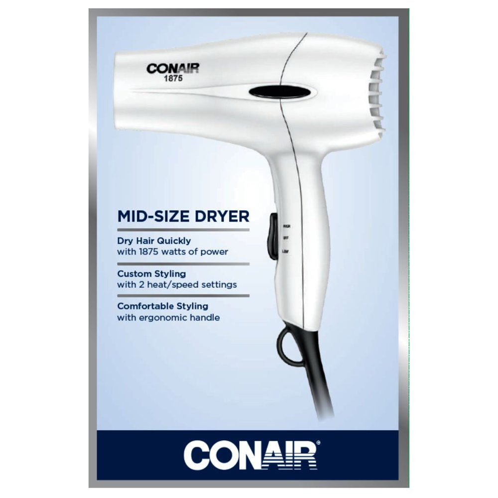 Conair 1875 Watt Mid-Size Dryer, balanced and lightweight for Powerful Drying and Styling 303WMR