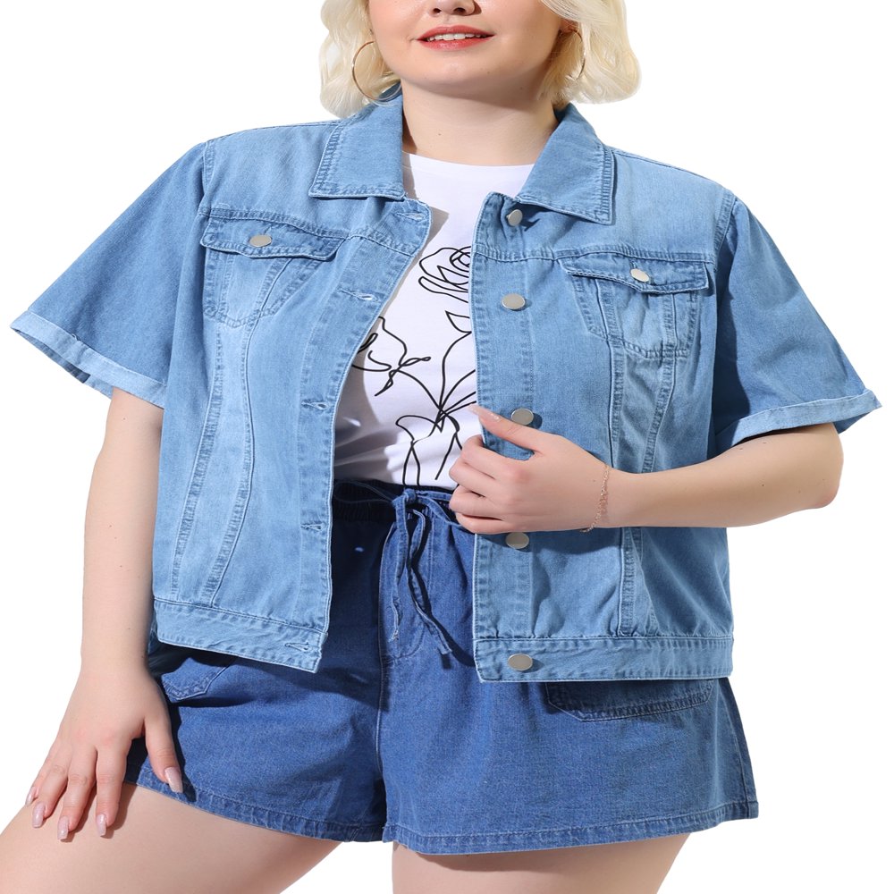  Plus Size Fall Button Down Crop Jean Trucker Denim Jacket