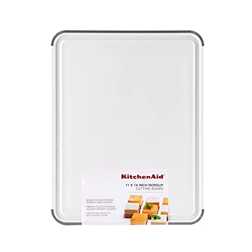 KitchenAid Classic Plastic Cutting Board with Perimeter Trench and Non Slip Edges, Dishwasher Safe, 11 inch x 14 inch, White and Gray