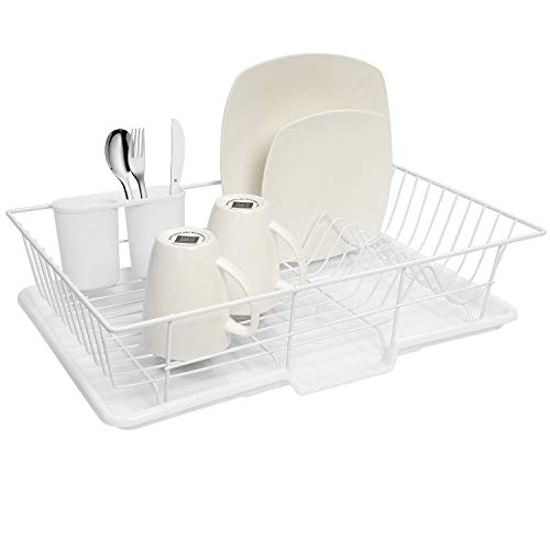 Sweet Home Collection Metal, Plasic 3 Piece Dish Drainer Rack Set with Drying Board and Utensil Holder, 12" x 19" x 5", White