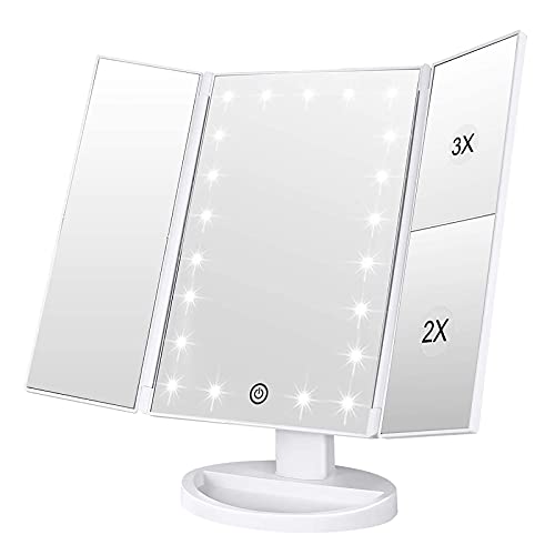 WEILY Makeup Mirror with 21 LED Lights,Two Power Supply, Touch Screen and 1x/2x/3x Magnification Tri-Fold Vanity Mirror, Gift for Women(White)