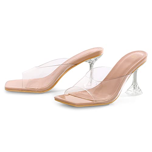 mysoft Women's Clear Heeled Sandals Square Toe Transparent Stiletto Mules Open Toe Slip on Dress Shoes