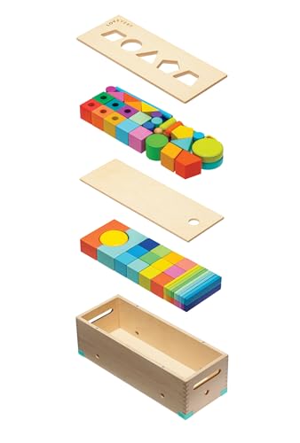 LOVEVERY | The Block Set | Solid Wood Building Blocks and Shapes + Wooden Storage Box, 70 Pieces, 18 Colors, 20+ Activities, Toddler Block Set and Converts into a Pull Car, Ages 18 to 48+ Months