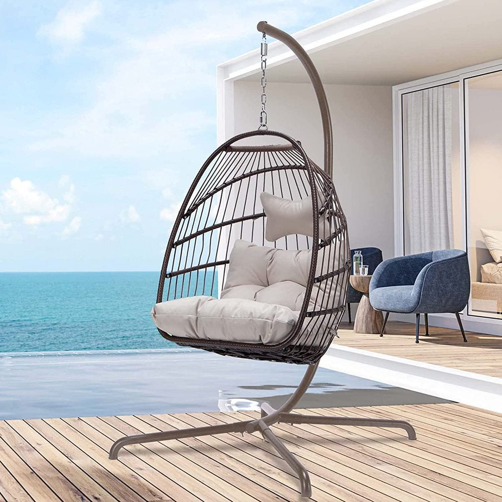 Nicesoul Foldable Wicker Hanging Egg Chair with Stand and Cover, Beige 350 Lbs Maximum Weight