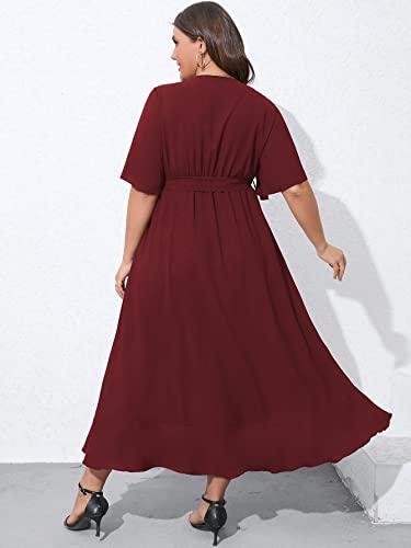 SCOMCHIC Plus Size Cocktail Dresses for Women Wrap V Neck Split High Low Split Burgundy Maxi Dress with Belt 2XL