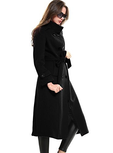 Escalier Women's Wool Trench Coat Double-Breasted Jacket with Belts Black L