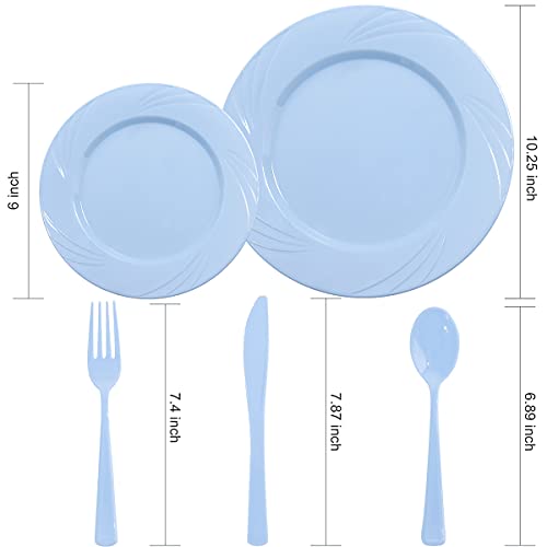 YOUBET 125Pieces Blue Plastic Plates-Blue Plastic Silverware-Include 25 Dinner Plates 25 Dessert Plates 25 Forks 25 Knives 25 Spoons- Blue Plastic Dinnerware for Parties