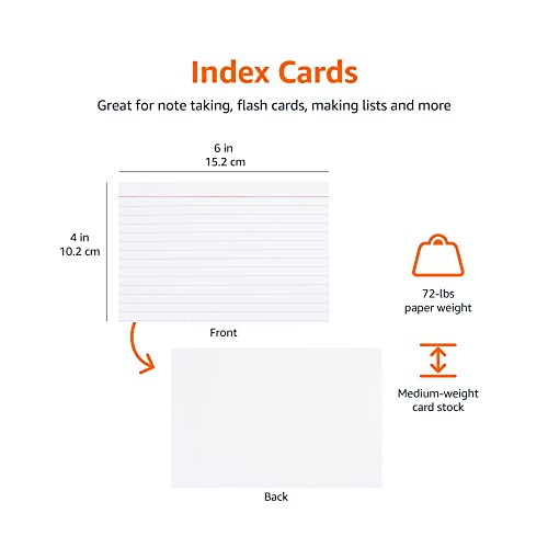 Amazon Basics Ruled Lined Index Note Cards, 500 Count, 5 Pack of 100, White, 4 in x 6 in