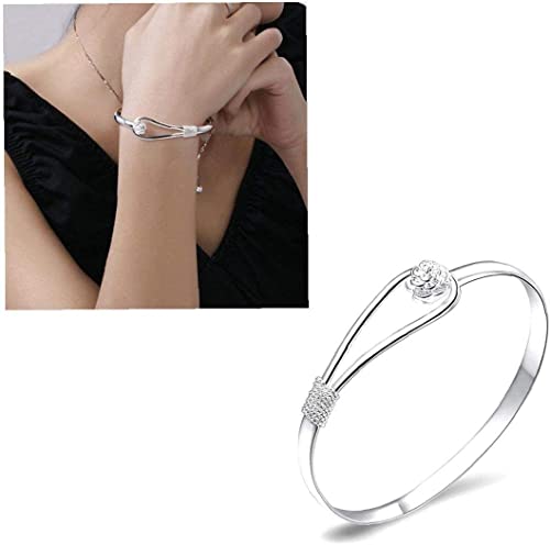 U-K Women Bangle Rose Flower Bangle Women Plating Jewelry 925 Silver Sterling Silver Solid Bangle Style Cuff Bangle Chain Bangle Jewelry Durable and Practical