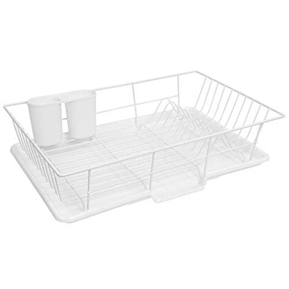 Sweet Home Collection Metal, Plasic 3 Piece Dish Drainer Rack Set with Drying Board and Utensil Holder, 12" x 19" x 5", White