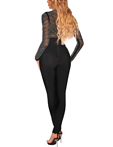 SEBOWEL Women Rhinestone Studded Bodysuit Mesh See Through Jumpsuits Rompers Top, Black, M