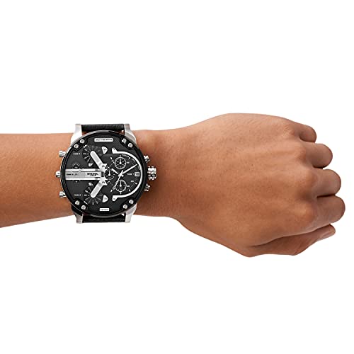 Diesel Men's 57mm Mr. Daddy 2.0 Quartz Stainless Steel and Leather Chronograph Watch, Color: Black/Silver (Model: DZ7313)