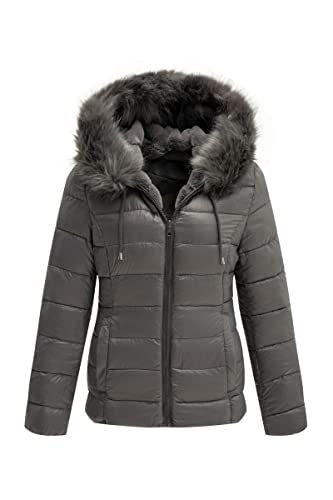 Bellivera Women Double Sided Faux Fur Jacket Reversible Winter with Fur Collar Hood Puffer Coat Worn on Both Sides 19225 Gray M