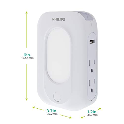 Philips Accessories 4-Outlet Extender 2-USB Surge Protector, Wall Adapter with Light-Sensing Night Light, Side Access, 3-Prong, Charging Station, SPP6241WC/37, White, 1 Pack