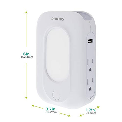 Philips Accessories 4-Outlet Extender 2-USB Surge Protector, Wall Adapter with Light-Sensing Night Light, Side Access, 3-Prong, Charging Station, SPP6241WC/37, White, 1 Pack