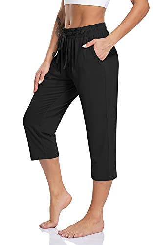 TARSE Womens Yoga Pants Plus Size Capris Stretch Workout Exercise Sweatpants Loose Sweat Crop Pants Pockets (Black,4XL), Soft