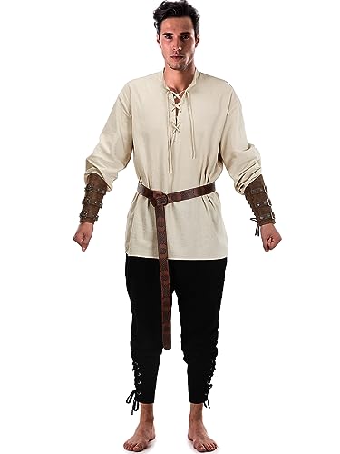 Jiuguva 4 Pcs Halloween Men's Renaissance Costume Set Medieval Pirate Shirt Ankle Banded Pants Viking Belt Accessories (Classic Color,Large)