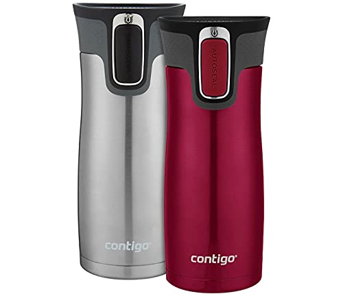 Contigo West Loop Stainless Steel Vacuum-Insulated Travel Mug with Spill-Proof Lid, Keeps Drinks Hot up to 5 Hours and Cold up to 12 Hours, 16oz 2-Pack, Very Berry & Steel