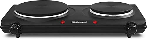 Elite Gourmet EDB-302BF Countertop Double Cast Iron Burner, 1500 Watts Electric Hot Plate, Temperature Controls, Power Indicator Lights, Easy to Clean, Black