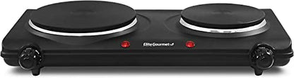 Elite Gourmet EDB-302BF Countertop Double Cast Iron Burner, 1500 Watts Electric Hot Plate, Temperature Controls, Power Indicator Lights, Easy to Clean, Black