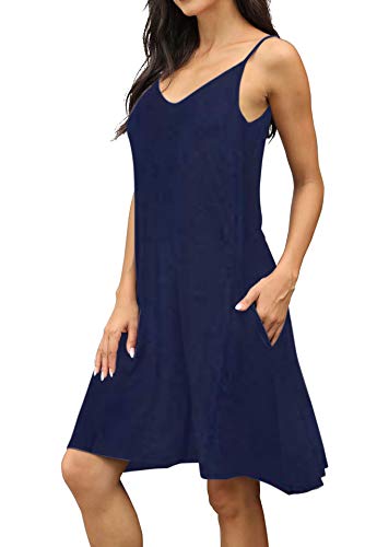 BEUFRI Women's Summer Spaghetti Strap Casual Swing Tank Beach Cover Up Dress with Pockets (X-Small, Navy Blue)