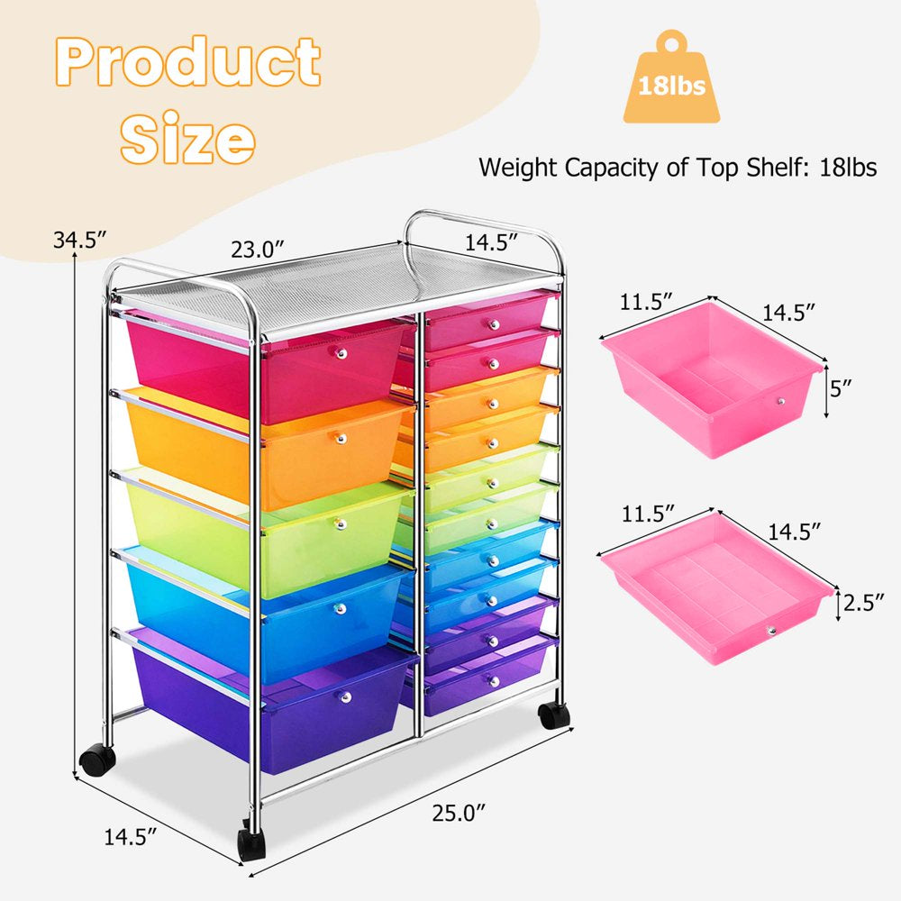 Costway 15 Drawer Rolling Storage Cart Tools Scrapbook Paper Office School Organizer Colorful