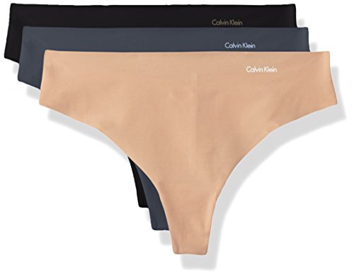 Calvin Klein Women's Invisibles Seamless Thong Panties, 3 Pack, Speakeasy/Light Caramel/Black, Medium