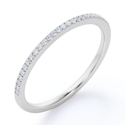 Pave Accented - 0.25 Carat Round Cut - Classic Wedding Band - 18K White Gold Plating over Silver