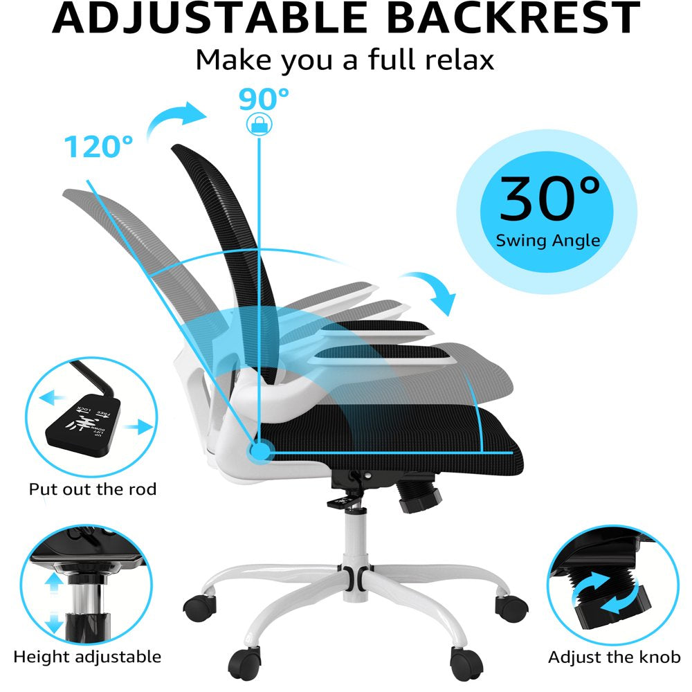 Ergonomic Office Chair, Comfort Home Office Task Chair, Lumbar Support Computer Chair with Flip-Up Arms and Adjustable Height(White)