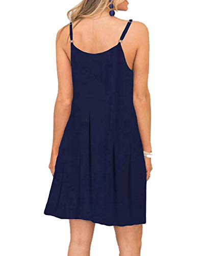 BEUFRI Women's Summer Spaghetti Strap Casual Swing Tank Beach Cover Up Dress with Pockets (X-Small, Navy Blue)