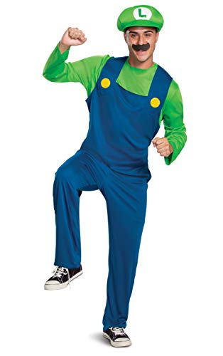 Luigi Costume, Official Nintendo Super Mario Bros Luigi Adult Costume with Hat and Mustache, Mens Size Medium (38-40)