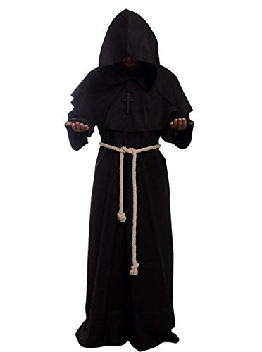 Friar Medieval Hooded Monk Renaissance Priest Robe Costume Cosplay Black